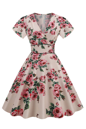 Rose V Col Fleur Imprimé Balançoire Robe Vintage
